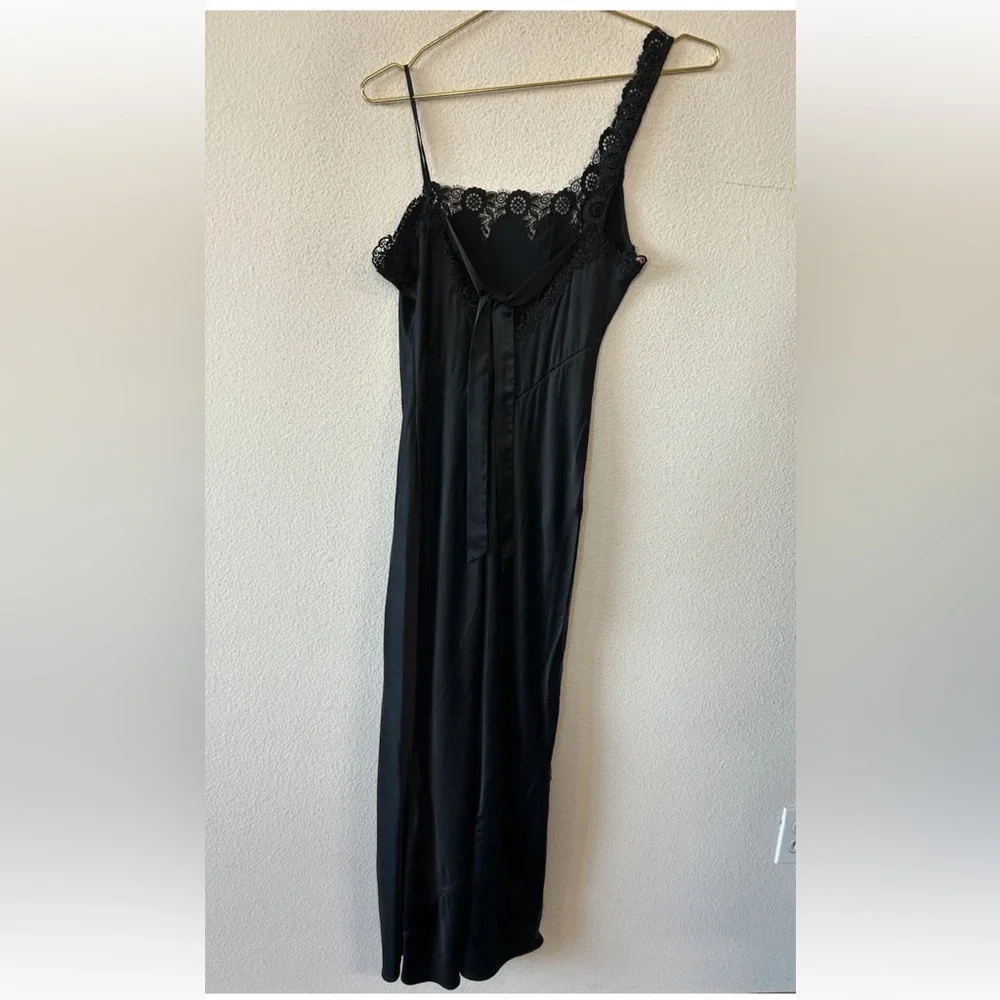Vintage Y2K Black Silk Slip Dress Lace One Shoulder Maxi Goth S/M - Picture 4 of 13